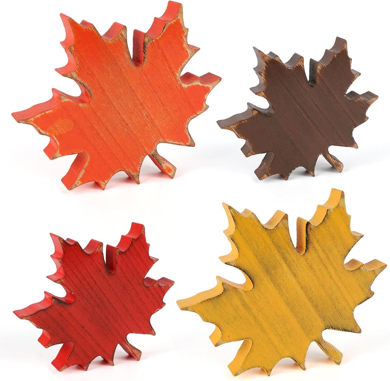 4 PCS Wooden Fall Leaves Decor – Vintage Farmhouse Maple Leaf Block Signs for Thanksgiving Table, Tiered Tray, Shelf, Office & Autumn Harvest Home Decorations